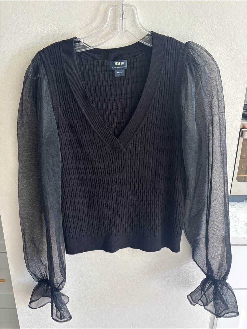 Maeve Black V-Neck Knit Pullover with Sheer Puff Sleeves